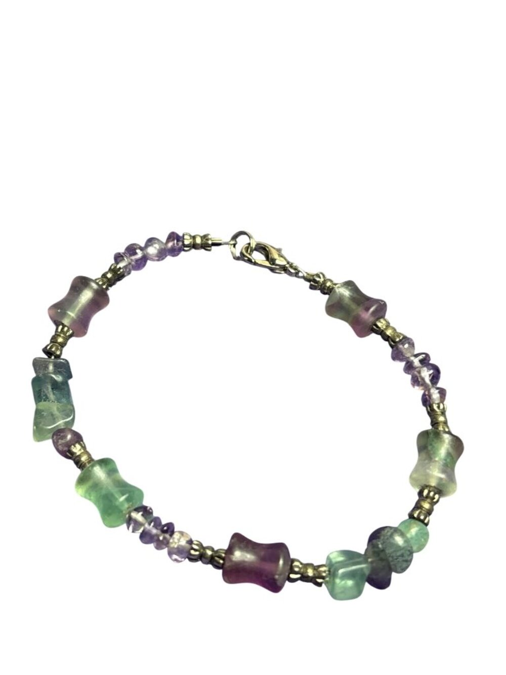 Green Purple Clear Glass Beaded Bracelet Silvertone 7.25 inches Long